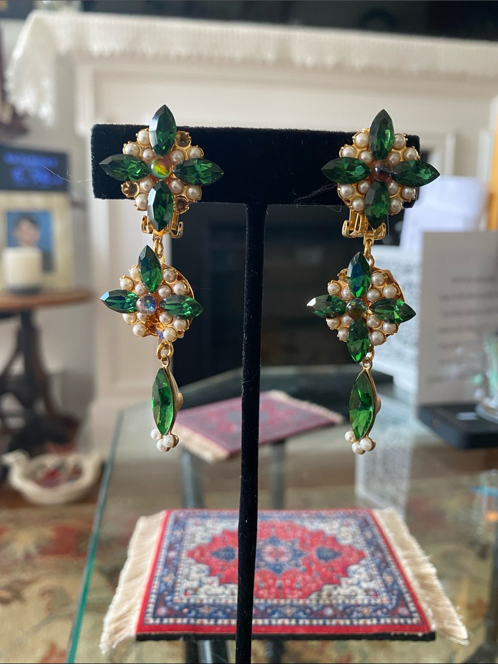 Green Gem & Pearl Drop Earrings - Unknown Brand